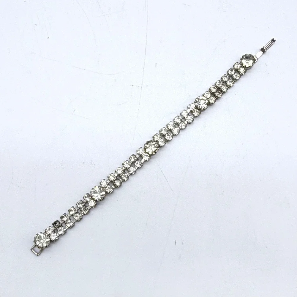 Vintage Rhinestone Tennis Bracelet Double Row Silver Tone Clear Crystal 7 Inch